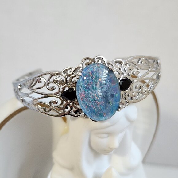 VTG Natural Opal & Onyx Platinum Clad Open Cuff Filigree Ornate Bracelet - Picture 4 of 15